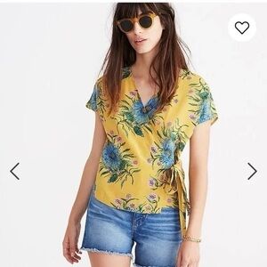 Madewell Yellow Green Wrap Blouse Cap Sleeve